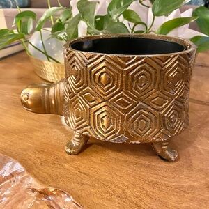 Brass Plated Metal Turtle Figurine Planter Pot 5”